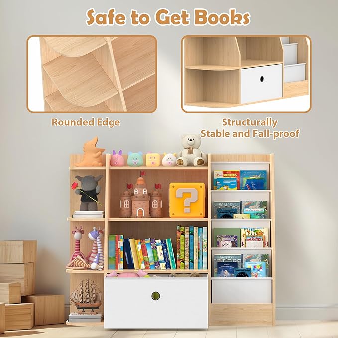 Kids Bookshelf and Toy Storage,4 Tier Wooden Kids Book Shelf,Large Childrens Bookshelf with Drawers,Open Bookcase & Storage Organizer Boxes for Nursery,Playroom, Bedroom,Burlywood