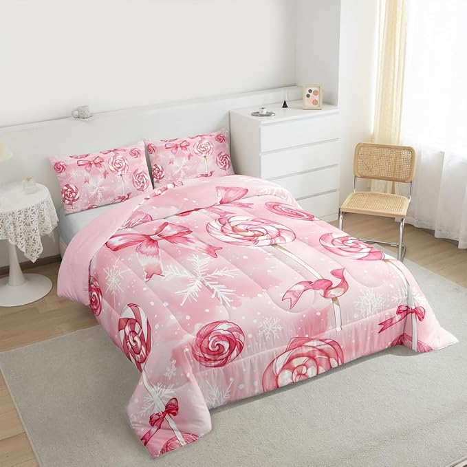 Feelyou Pink Bow Comforter Set King Size Pink Lollipops Bedding Set for Kids Boys Girls Watercolor-Style Duvet Quilt Xmas Snowflake Bedroom Decor Christmas Microfiber 3 Pcs with 2 Pillow Cases