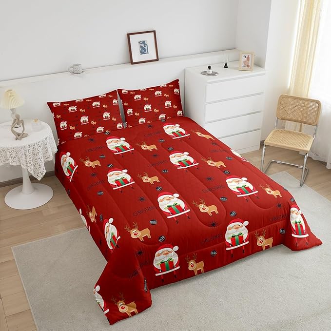 Santa Claus Comforter Set Christmas Deer Decorations Bedding Set for Kids Boys Girls Winter Snowflake Comforter Merry Christmas Khaki Red Quilt Collection 3Pcs Full Size
