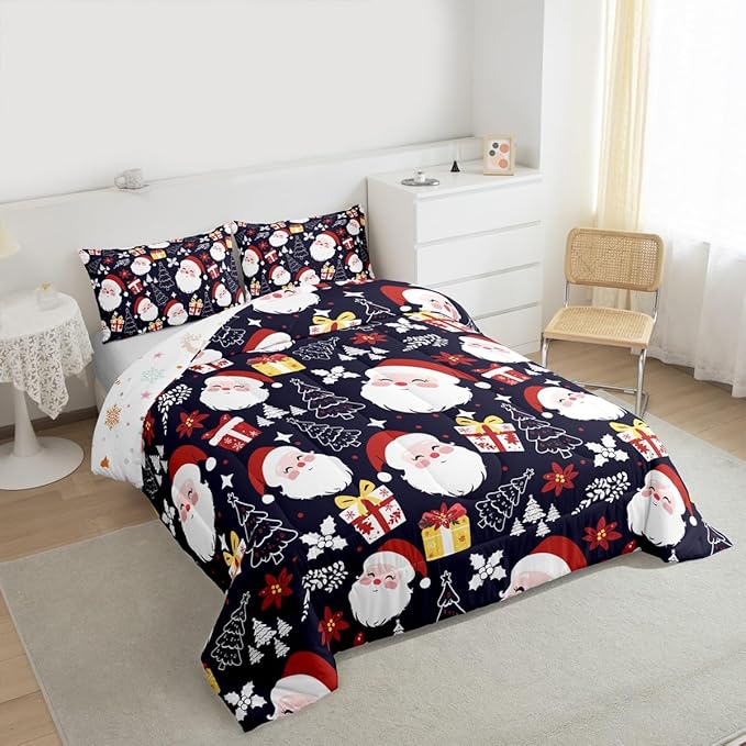 jejeloiu Santa Claus Comforter Set Full Size Merry Christmas Bedding Set for Kids Boys Girls Xmas Themed Duvet Quilt Dark Blue Bedroom Decor