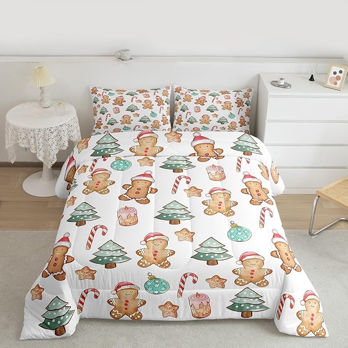 Feelyou Pink Gingerbread Comforter Set Twin Size Christmas Bedding Set for Kids Boys Girls Candy Cane Duvet Quilt Xmas Bedroom Decor Microfiber 2 Pcs with 1 Pillow Cases