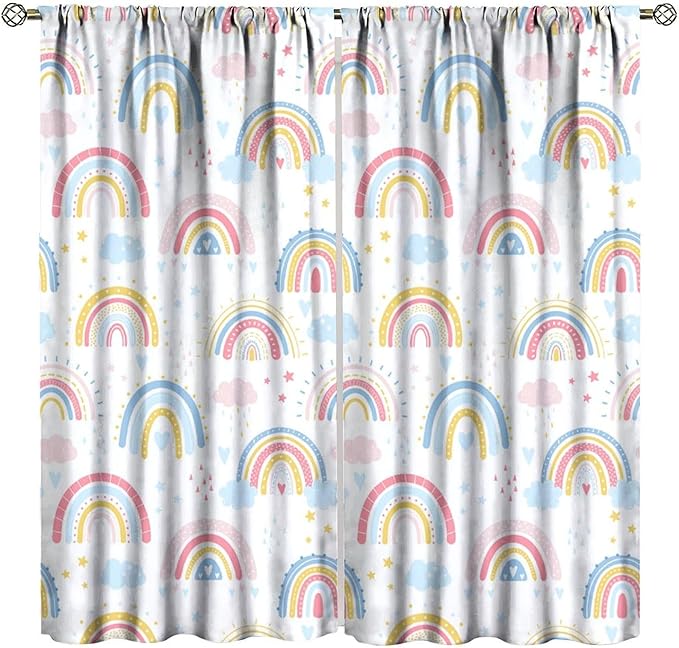 Kids Rainbow Curtains Boho Cartoon Colorful Stars Love Heart Lovely Abstract Art Pattern Print Window Drapes for Girl Bedroom Living Room Kitchen Decor,2 Panel Set,42Wx45H Inch Decor