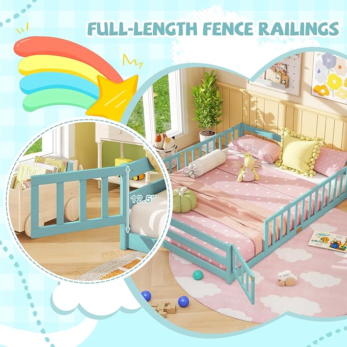 Giantex Queen Floor Bed with Door & Fence, Kids Wood Montessori Beds with Safety Guardrails, Floor Bed Twin for Kids, Boys, Girls, No Box Spring Needed, ICY Aqua
