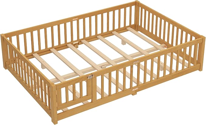 Bellemave Queen Size Floor Bed for Kids, Girls, Boys, Wood Floor Bed with slats and Door, Natural
