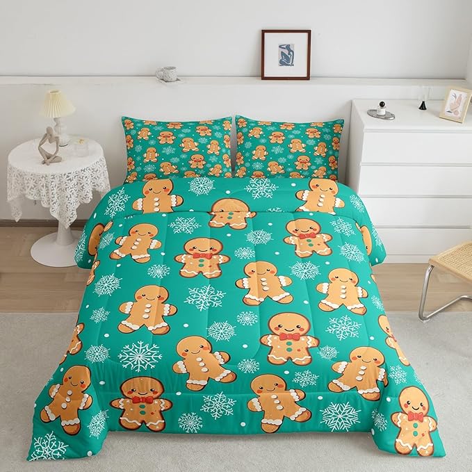 Erosebridal Christmas Gingerbread Twin Bedding Set 7 Piece,Cute Gingerbread Man Bed in A Bag for Kids,Xmas Snowflake Comforter Set Kawaii Xmas Sheet Set with Comforter,Green Christmas Decoration