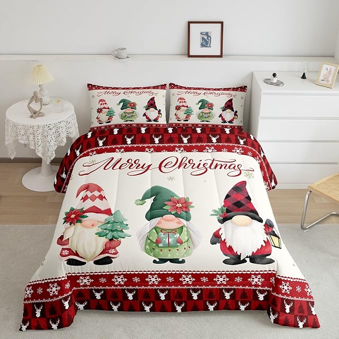 Merry Christmas Kids Comforter Set Twin Size,Deer Antler Santa Claus Bedding,Girls Boys Adults Bedroom/Xmas Cabin Decor,Snowflake Pine Trees Plaid Down Comforter,Rustic Duvet Insert,1 Pillowcase