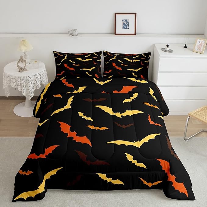 Erosebridal Bat Comforter Set for Kids Halloween Quilt Bats Animal Silhouette Bedding Set Toddler Size Happy Holiday Gothic Style Bedding Comforter Sets with 1 Pillow Case,Yellow and Orange