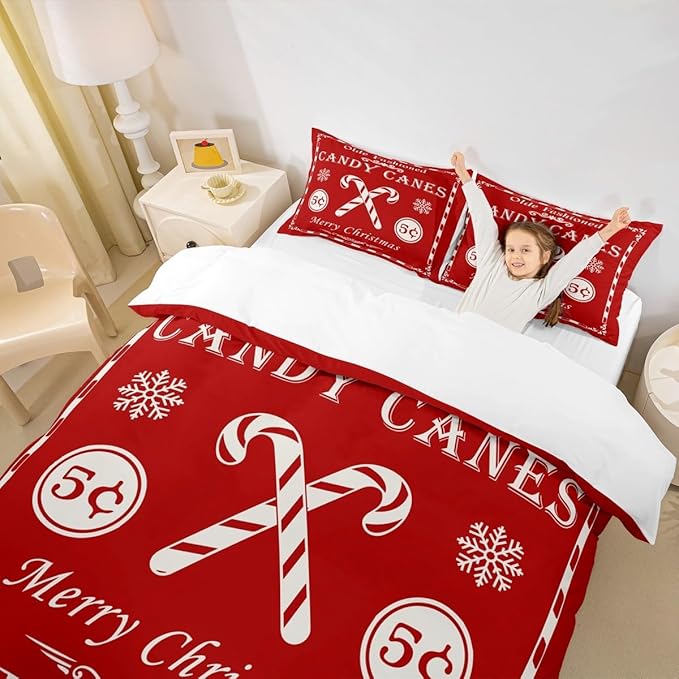 jejeloiu Christmas Bedding Set for Kids Boys Girls Christmas Quote Comforter Cover Set King Size Candy Canes Print Duvet Cover Bedroom Decor Xmas Red Bedspread Cover Bedding Collection 3Pcs
