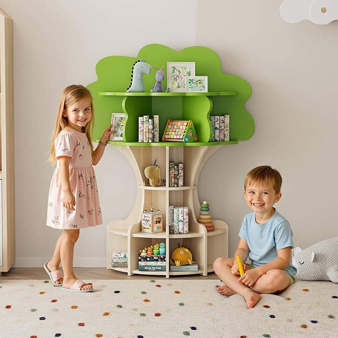 5-Tier Tree Kids Bookshelf, Toddler Montessori Shelf Book Rack, Toy and Book Storage for Kids, Wooden Children's Bookcase, Toy Storage Organizer for Preschool, Kid Room, Playroom, Nursery-002