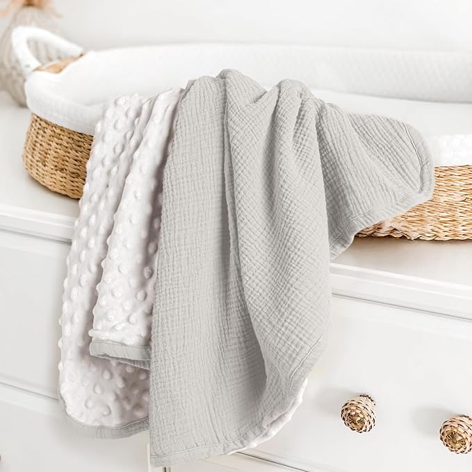lulumoon Baby Blankets for Boys Newborn: Muslin & Minky Dotted Backing - Thermal Receiving Blanket for Stroller & Registry Gift 30"x40"（Gray