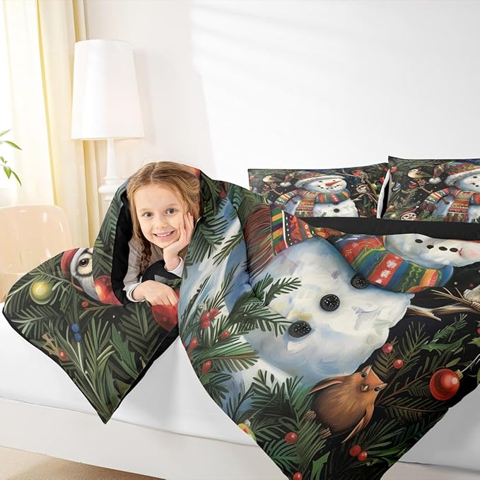 Feelyou Christmas Bedding Set Soft for Boys Girls, Holiday Snowman Birds Comforter Set Twin Size Xmas Owl Branch Berry Duvet Quilt Microfiber Snowflake Bedroom Decor 2 Pcs with 1 Pillow Cases