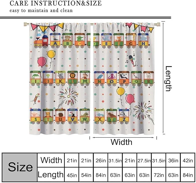 Alphabet Train Kids Curtain Animals Alphabet Children Teens Early Learning Printed Rod Pocket Blackout Window Treatments for Classroom Bedroom Nursery Playroom 72" W X 63" L