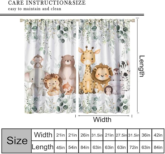 Kids Safari Animal Curtains Woodland Wildlife Jungle Animals Blackout Window Treatments for Boys Girls Bedroom Cute Cartoon Lion Nursery Children Drapes for Living Room W42xL45