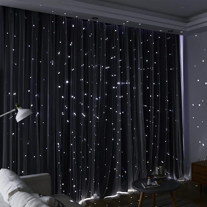 Kinryb Kids Star Cutout Curtains for Bedroom/Living Room/Classroom,2 Free Tiebacks Sheer Overlay 95 Inches 2 Panel Set, Double Layer Curtains for Kids Room(W52xL95 Inches,Navy Blue 2 Pcs)