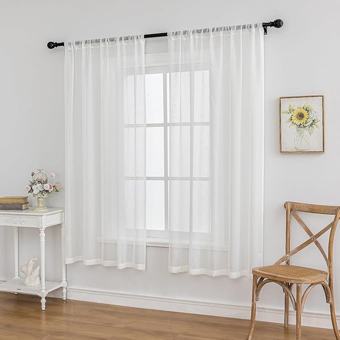 Off White Sheer Curtains 54 Inch Length 2 Panels, 50 Inches Width, Linen Look Transparent Curtain, Rustic Textured Light Filtering Drapes, Small Rod Pocket Window Treatments