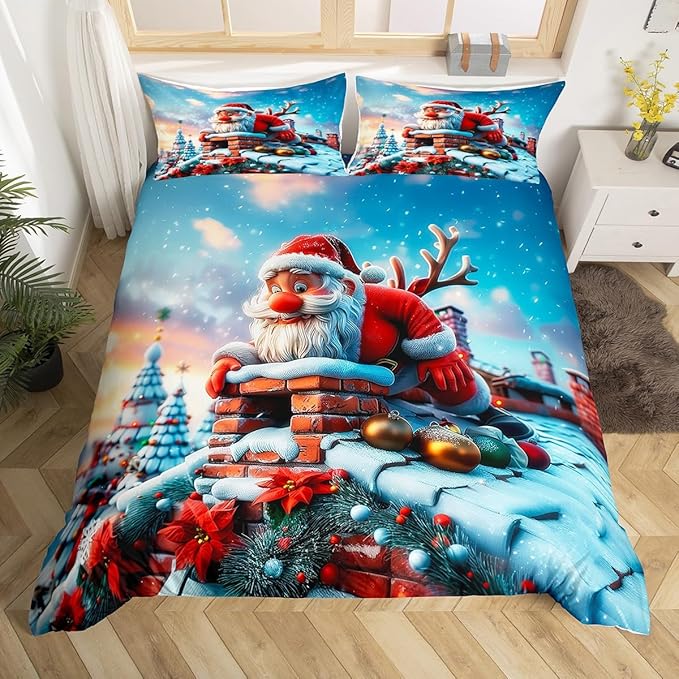 Cute Santa Claus Duvet Cover Set Queen Size,Winter Snow Cabin Rustic Farmhouse Bedding Set,Boys Girls Room Decor,Xmas Tree Merry Christmas Comforter Cover,White Quilt Cover,2 Pillowcases,No Comforter