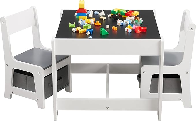 Kids Table and Chair Set, 3 in 1 Wooden Activity Table with Storage Drawer for Toddlers Drawing, Reading, Crafts, 2 in 1 Detachable Tabletop Table Set for Nursery, Playroom (Gray)