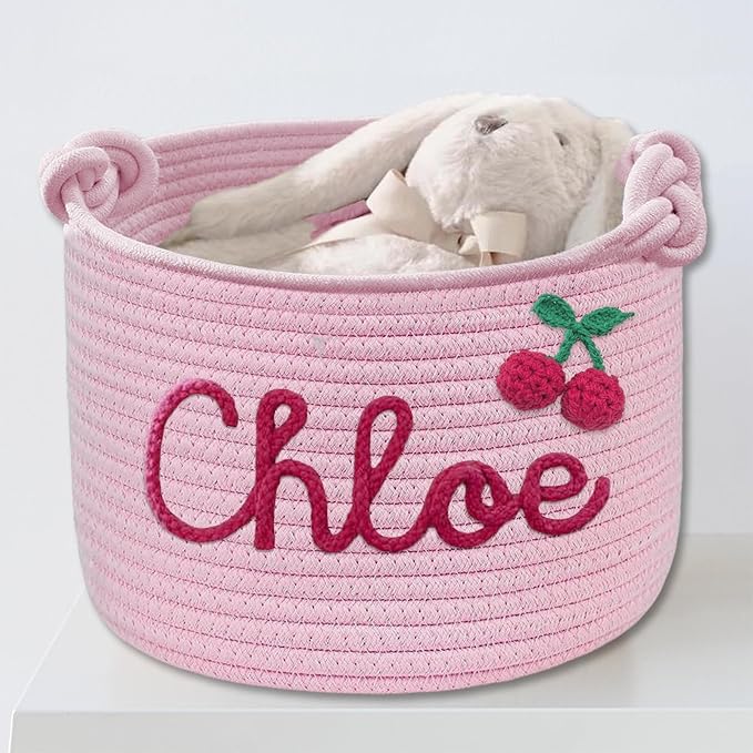 Custom Pet Toy Basket - Personalized Dog & Cat Storage with Handles - Rope Woven Pink Bin