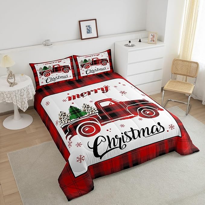 Manfei Xmas Truck Comforter Set Full Size, Christmas Tree Snowflake Print Bedding Set 3pcs for Kids Boys Girls Bedroom Decor, New Year Theme Red Plaid Print Quilt Set with 2 Pillowcases