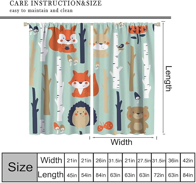 Cute Animals Curtains, Cartoon Fox Hedgehog Hare Forest Trees Blackout Window Treatments, Rod Pocket Thermal Insulated Drapes 2 Panel Sets for Kids Bedroom Nursery Classroom, 63" W X 72" L