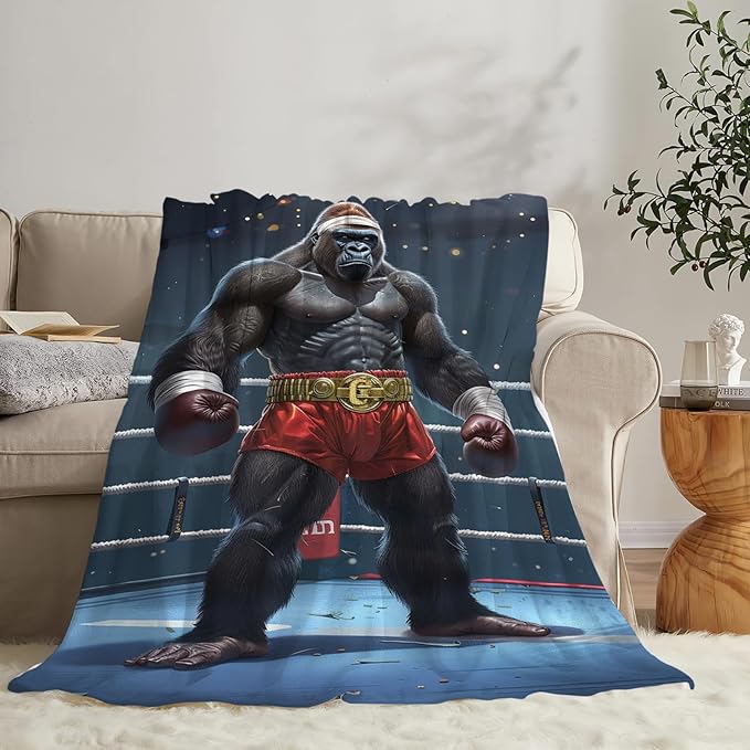Tijuboni Gorilla Boxing Throw Blanket Funny Boxing Gifts for Men Women Boys Girls Kids Adults Soft Flannel Fleece Blanket for Couch Sofa Bed Home Decor 60"x80"