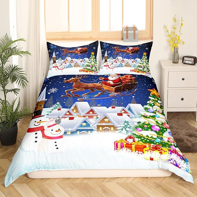 Manfei Christmas Duvet Cover Set King Size, Snowman Xmas Tree Santa Claus Bedding Set 3pcs, Reversible Winter Snow Cabin Holiday New Year Quilt Cover with Zipper Closure, 2 Pillowcases, No Comforter