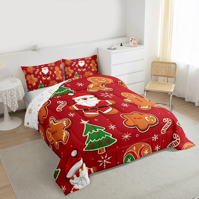 Feelyou Christmas Kids Comforter Set King Size Santa Bedding Set Gingerbread Man Duvet Quilt for Kids Boys Girls Bedroom Xmas Tree Snowflake Decor Microfiber Ultra Soft Breathable