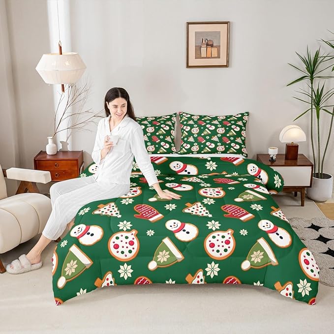 Feelyou Merry Christmas Comforter Set Toddler Size Snowman Bedding Set for Kids Boys Girls Gloves Cookies Duvet Quilt Snowflake Bedroom Decor Microfiber 2 Pcs with 1 Pillow Cases