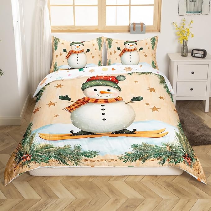 Manfei Christmas Kids Duvet Cover Set King Size, Cute Snowman Bedding Set for Boy Girl Room Decor, New Year Holly Leaf Print Comforter Cover, Lightweight Bedspread Cover, 2 Pillowcases, No Comforter