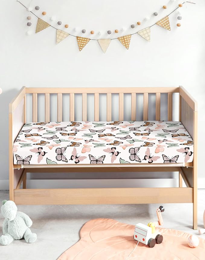 Pack and Play Sheets 2 Pack, Fitted Jersey Knit Mini Crib Sheets for Baby Boys and Girls, Compatible with Graco Pack N Play and Mini Crib Mattress (Butterfly Dance, Pack N Play/Mini Crib Sheets)
