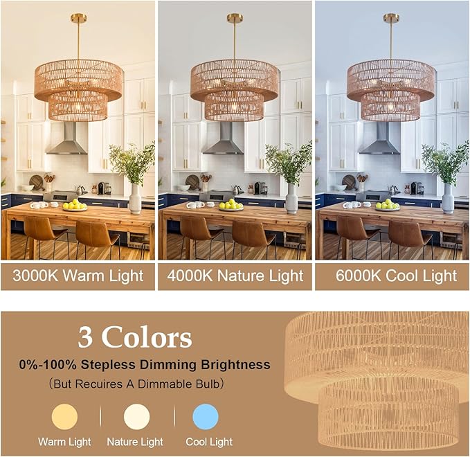 23.62" 6-Light Rattan Farmhouse Chandelier, Boho Large Pendant Light, Large Wicker Chandelier Light Fixtures, Hand Woven Chandeliers, for Dining Room