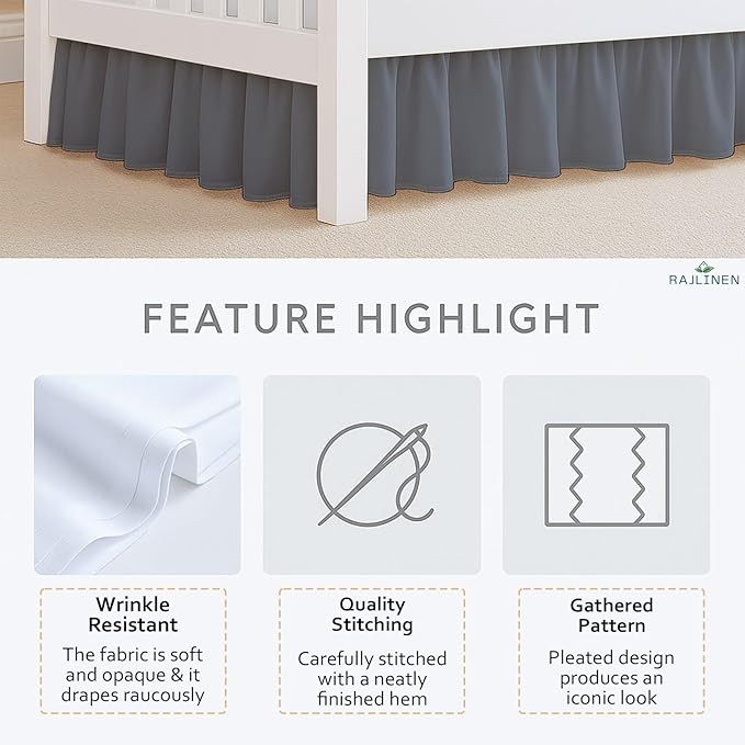 Rajlinen Ruffled Crib Bed Skirt, Microfiber, Dust Ruffle with Split Corners, 14" Drop, Nursery Toddler Bedding for Baby Boys or Girls, Dark Grey