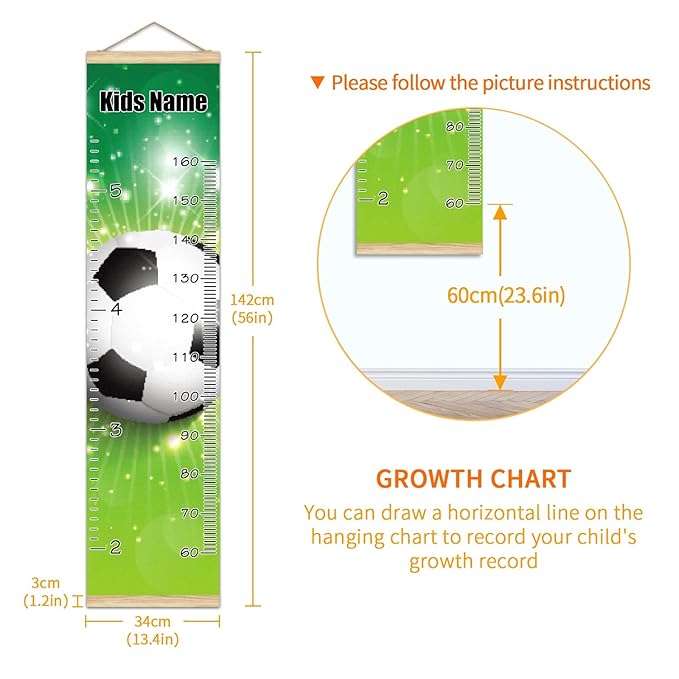 Personalized Kids Name Growth Chart Ruler for Wall Wood Frame Height Measure Chart 13.4x56 in Linen Hanging Height Growth Chart Football Soccer Kids Room Decor