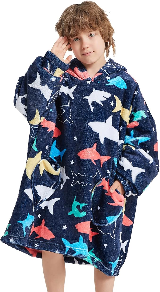 Fiosnow Shark Blanket Hoodies for Kids 6-13YR Oversize Wearable Blanket Hoodies for Boys Girls Teens