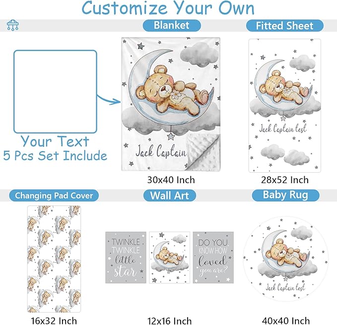 Personalized Baby Crib Bedding Set with Name, 5 Pcs Grey Bear Baby Crib Set for Infants Toddlers, Double Layer Nursery Bedding, Infant Toddler Newborns Customized Gifts, Crib Accessories