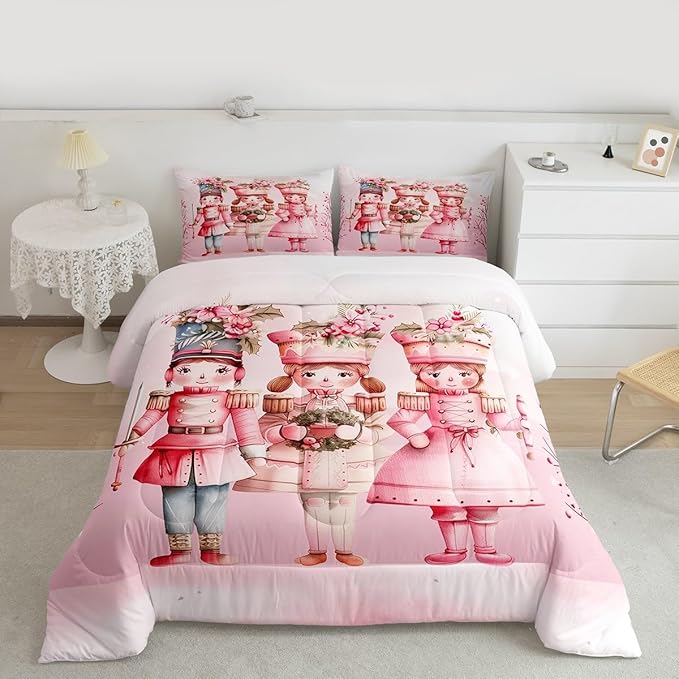 Feelyou Christmas Decor Nutcrackers Bedding Set Soft for Boys Girls, Pink Christmas Comforter Set Toddler Size Pink Nutcrackers Duvet Quilt Berries Printed Room Decor Kawaii 2 Pcs with 1 Pillow Cases