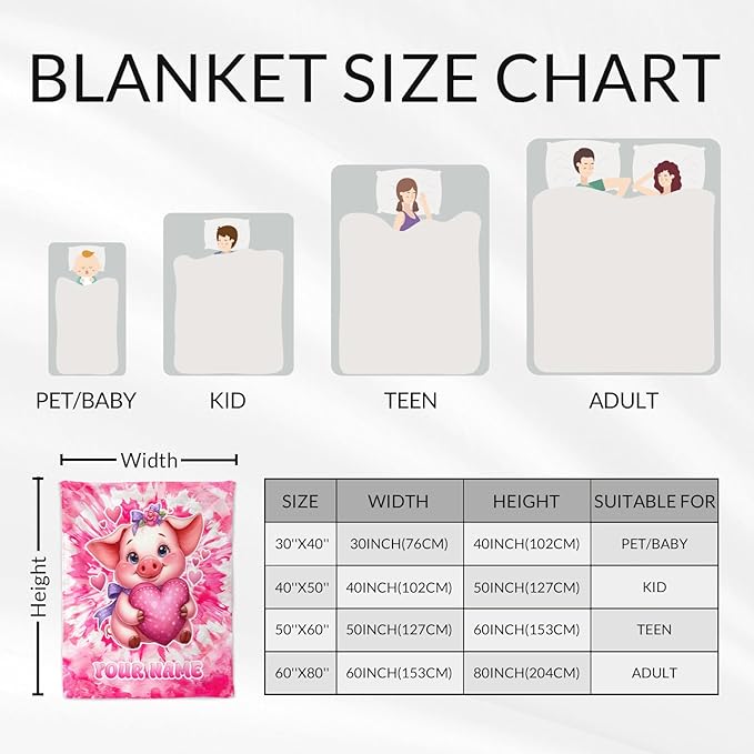 Personalized Girls Blanket for Pig - 50" x 60" Inches Pig Throw Blankets for Teens - Cozy Fuzzy Plush Throw Decor for Couch, Sofa & Travel