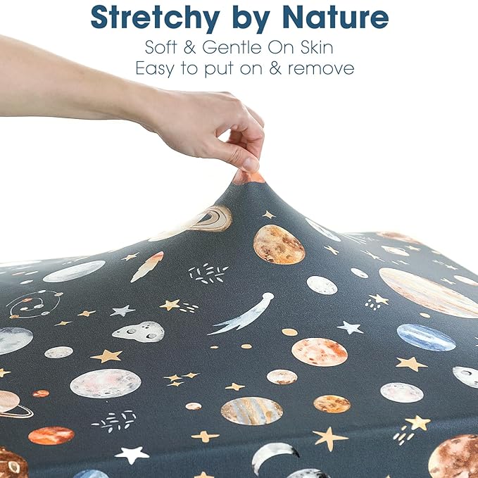 Stretchy Ultra Soft Jersey Knit Fitted Pack n Play Sheets Set 2 Pack, Portable/Mini Crib Sheets for Girls, Universal Fit for Pack N Plays Safe and Snug, Space Print