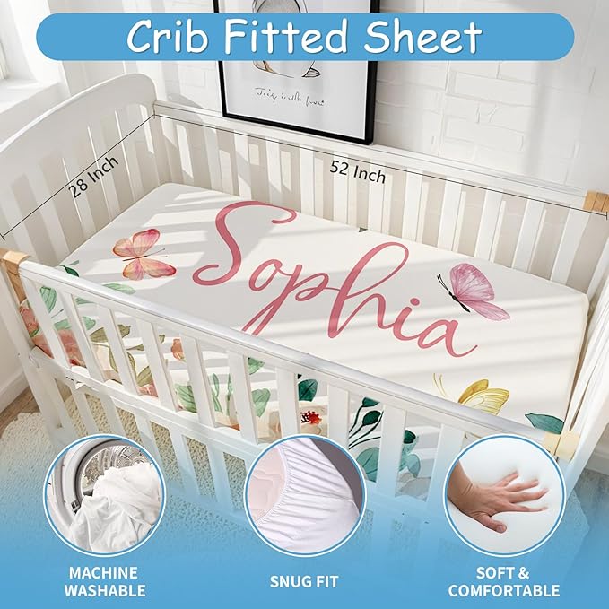 Personalized Baby Crib Bedding Set for Girls, 5 Pcs Pink Butterfly Crib Set for Baby, Custom Name Double Layer Nursery Bedding Sets for Infant Toddlers, Customized Gifts for Newborns