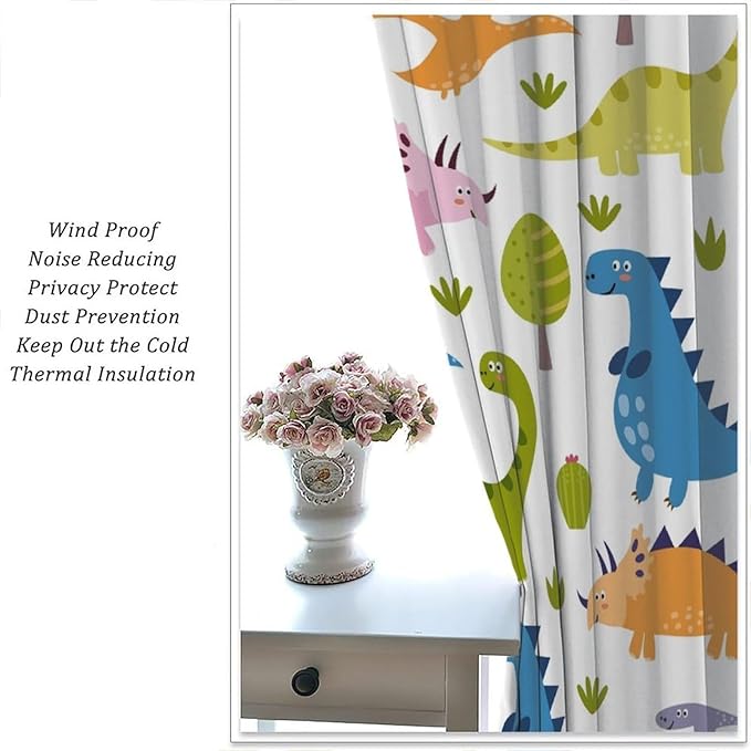 Dino Curtains, Cartoon Style Colorful Dinosaurs Pattern Blackout Window Treatments, Rod Pocket Thermal Insulated Drapes 2 Panel Sets for Kids Bedroom Nursery Classroom, 55" W X 63" L