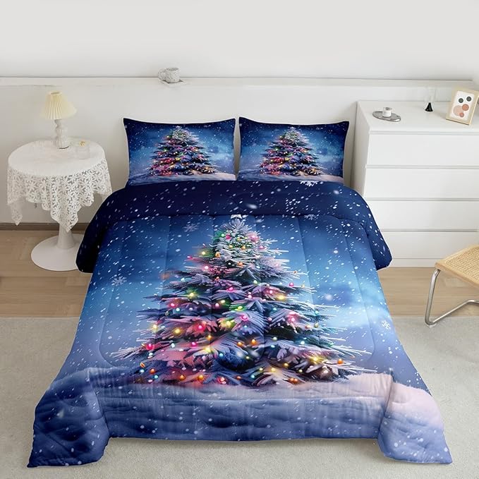 Feelyou Christmas Comforter Set All Season Xmas Tree Bedding Set with 1 Pillow Cases Colored Light Strips Microfiber Kids Toddler Bedclothes Snowflake Bedroom Decor Duvet Quilt Breathable Soft