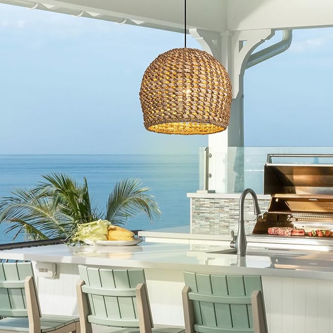 13.8inch Rattan Pendant Lighting, Brown Hand-Woven Dome Pendant Light Adjustable Boho Hanging Lamp Wicker Chandelier for Dining Room Kitchen Island Foyer Restaurant Bedroom Hallway