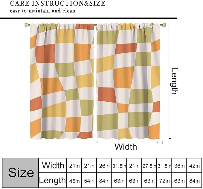 Orange Checkered Curtains,70s Vintage Twisted Checkered Window Drapes Colorful Groovy Trendy Wavy Hippie Grid Print Window Treatments for Kids Girls Bedroom Living Room Bathroom 72"W X 63"L