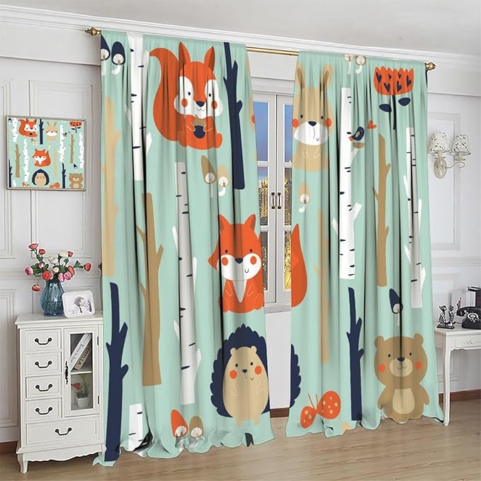 Cute Animals Curtains, Cartoon Fox Hedgehog Hare Forest Trees Blackout Window Treatments, Rod Pocket Thermal Insulated Drapes 2 Panel Sets for Kids Bedroom Nursery Classroom, 52" W X 84" L