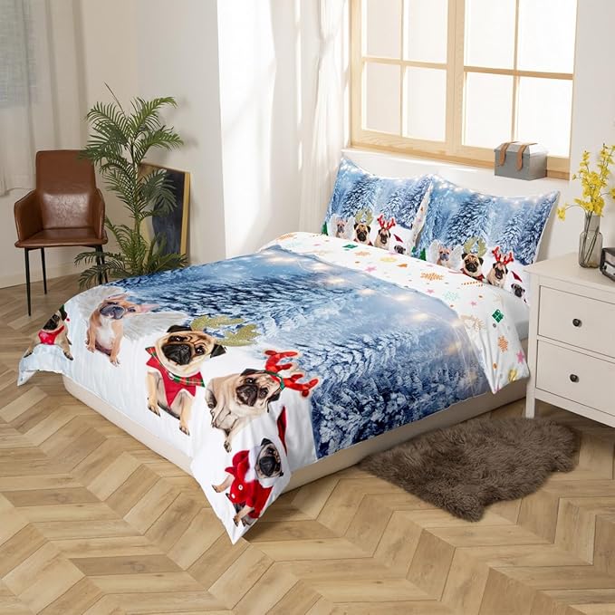 Dog Xmas Duvet Cover Cute Pug Dog Christmas Tree Style Bedding Set 3D Animal Comforter Cover for Boys Girls Children Teens Bedroom Decor White Blue Bedspread Cover Full Size with 2 Pillow Case