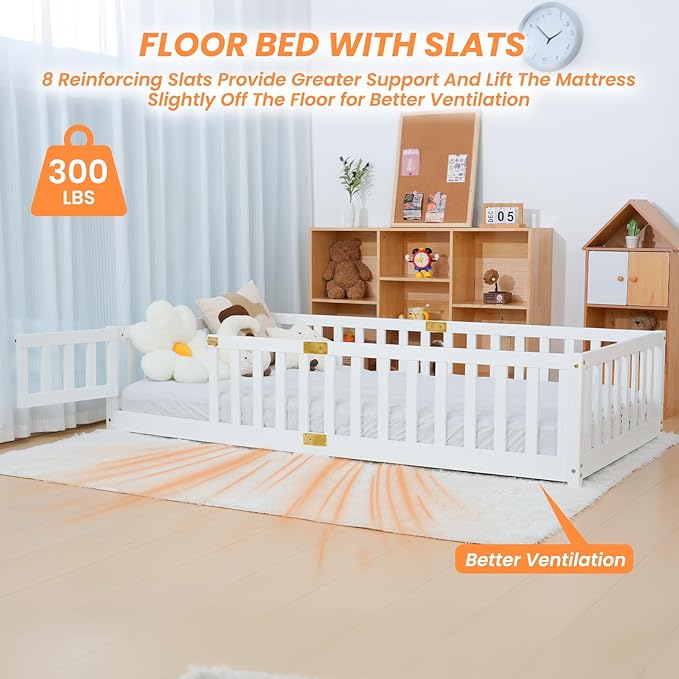 NAIZEA Twin Floor Bed for Kids-Twin Montessori Bed Frame with Wood Slats and Door and Slats, Wood Toddler Floor Beds for Girls and Boys