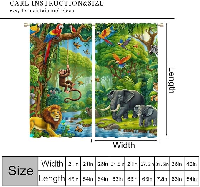 Animals Window Curtain Cartoon Jungle Forest Elephant Lion Print Curtains for Kids Boys Girls Nursery Baby Bedroom Playroom Home Decor Window Drapes 84" W X 84" L
