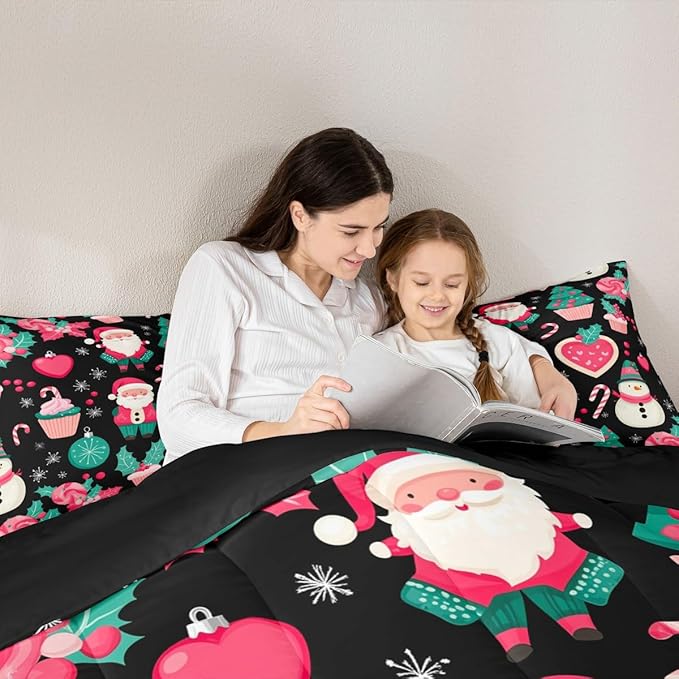 Feelyou Christmas Decor Comforter Set Full Size Pink Santa Claus Bedding Set for Kids Boys Girls New Year Gift Duvet Quilt Snowman Bedroom Decor Microfiber 3 Pcs with 2 Pillow Cases