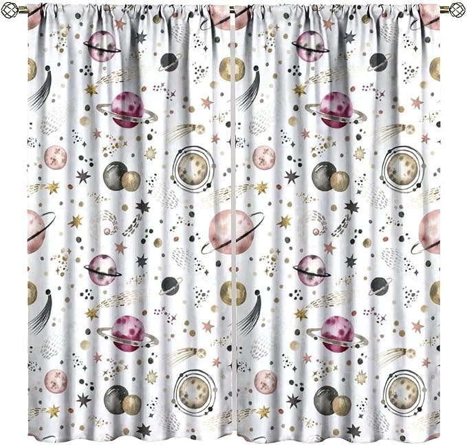 Kids Outer Space Curtains, Cartoon Galaxy Planet Universe Starry Starts Printed Window Drapes for Boys Girls Teens Bedroom Nursery 63" W X 63" L