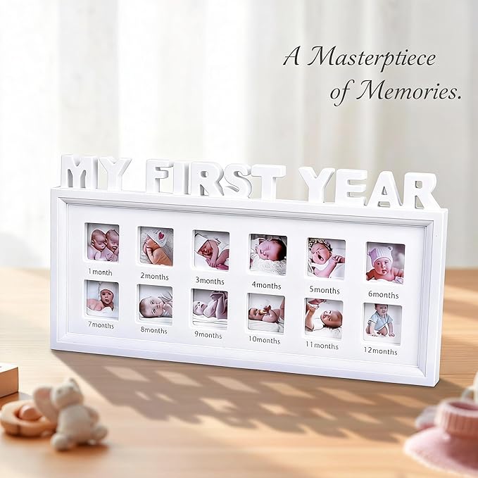 MICKYU My First Year Baby Picture Frame – 12-Month Milestone Photo Display, Personalized Monthly Growth Tracker, Newborn Shower Gift, Rustic White Décor for Nursery or Living Room